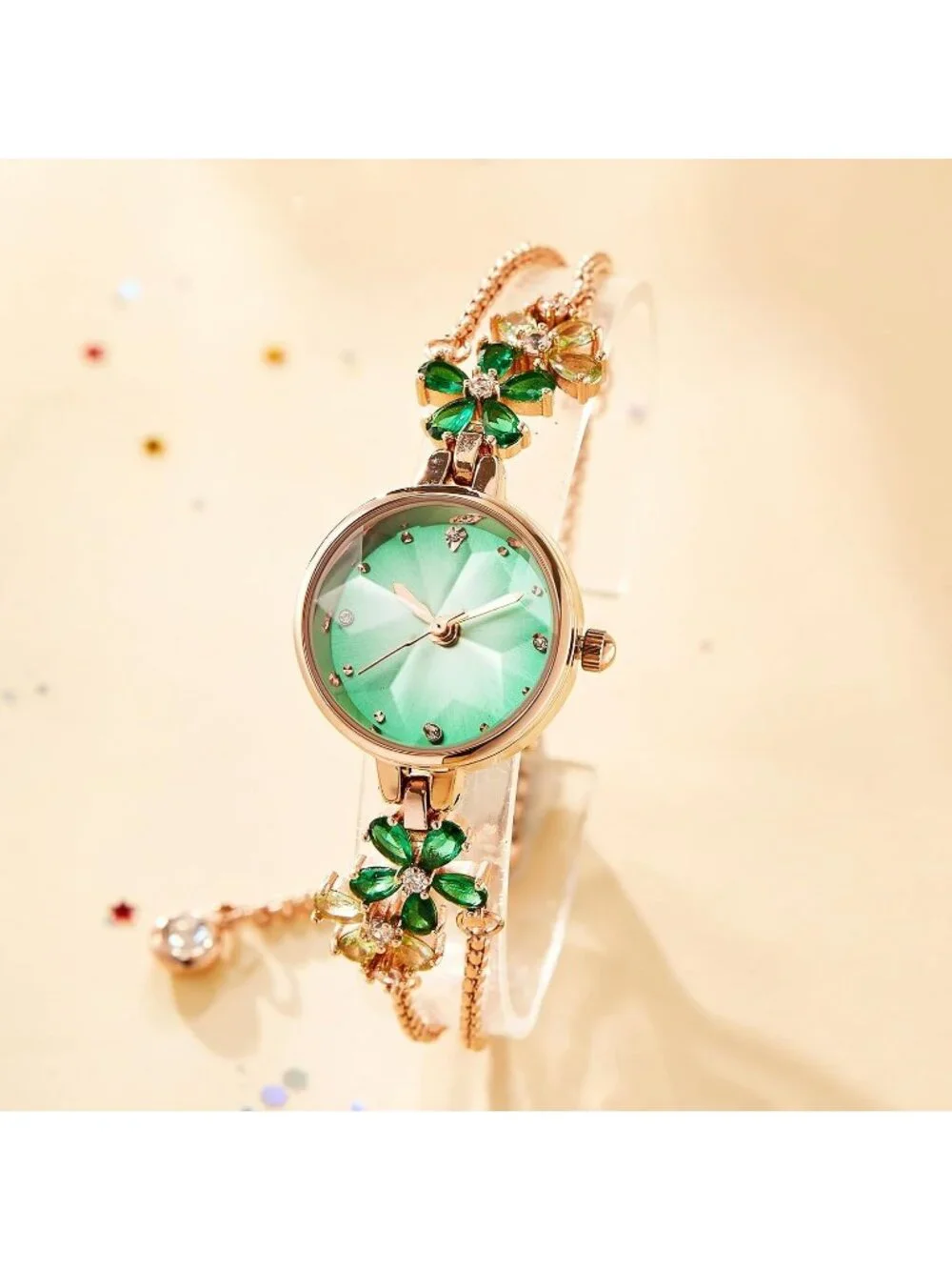 Women's Green Bezel with Crystals Dial Bracelet Strap Diamonds Waterproof Watch